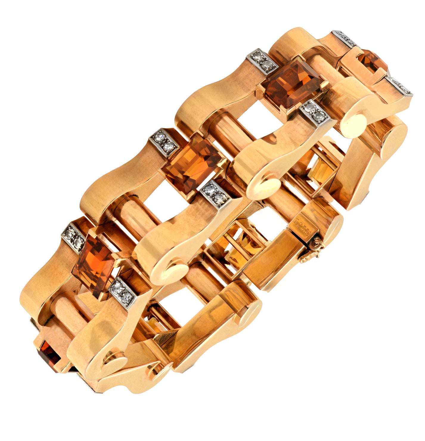 Elegant luxury 18K rose gold citrine and diamond bracelet by Vivid Diamonds featuring emerald-cut citrine stones and dazzling round brilliant diamonds.