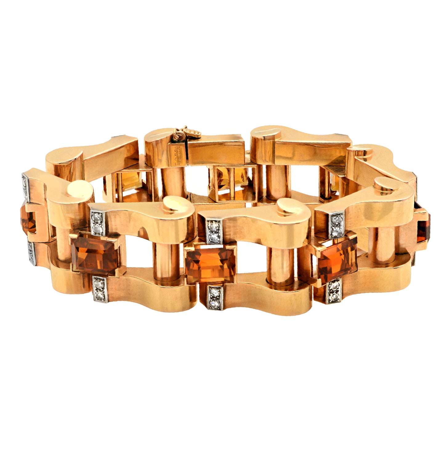 Close-up view of the elegant luxury 18K rose gold citrine and diamond bracelet by Vivid Diamonds, highlighting the intricate design and sparkling gemstones.