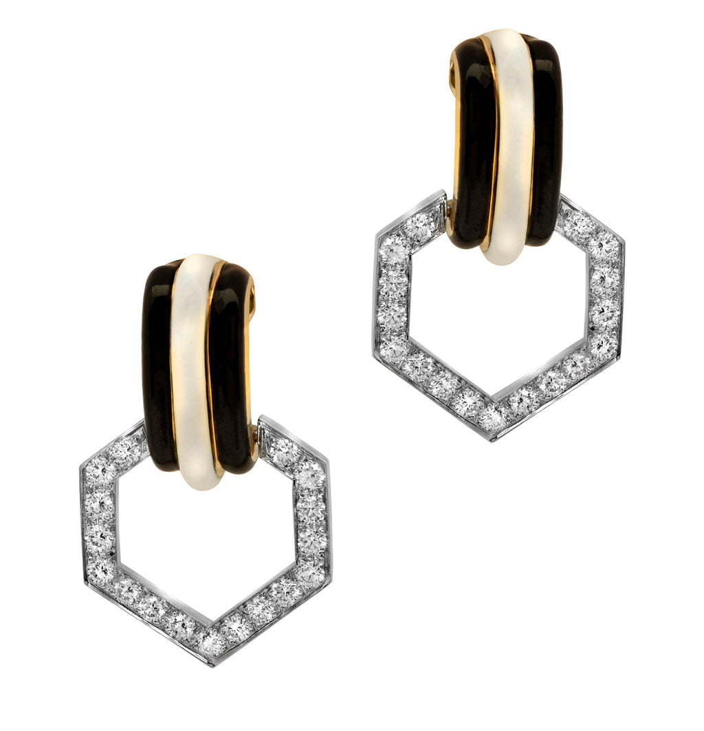David Webb 2.79 Ct Diamond, Platinum & 18K Yellow Gold Enamel Earrings showcasing luxurious design with black and white enamel accents, crafted by Vivid Diamonds.