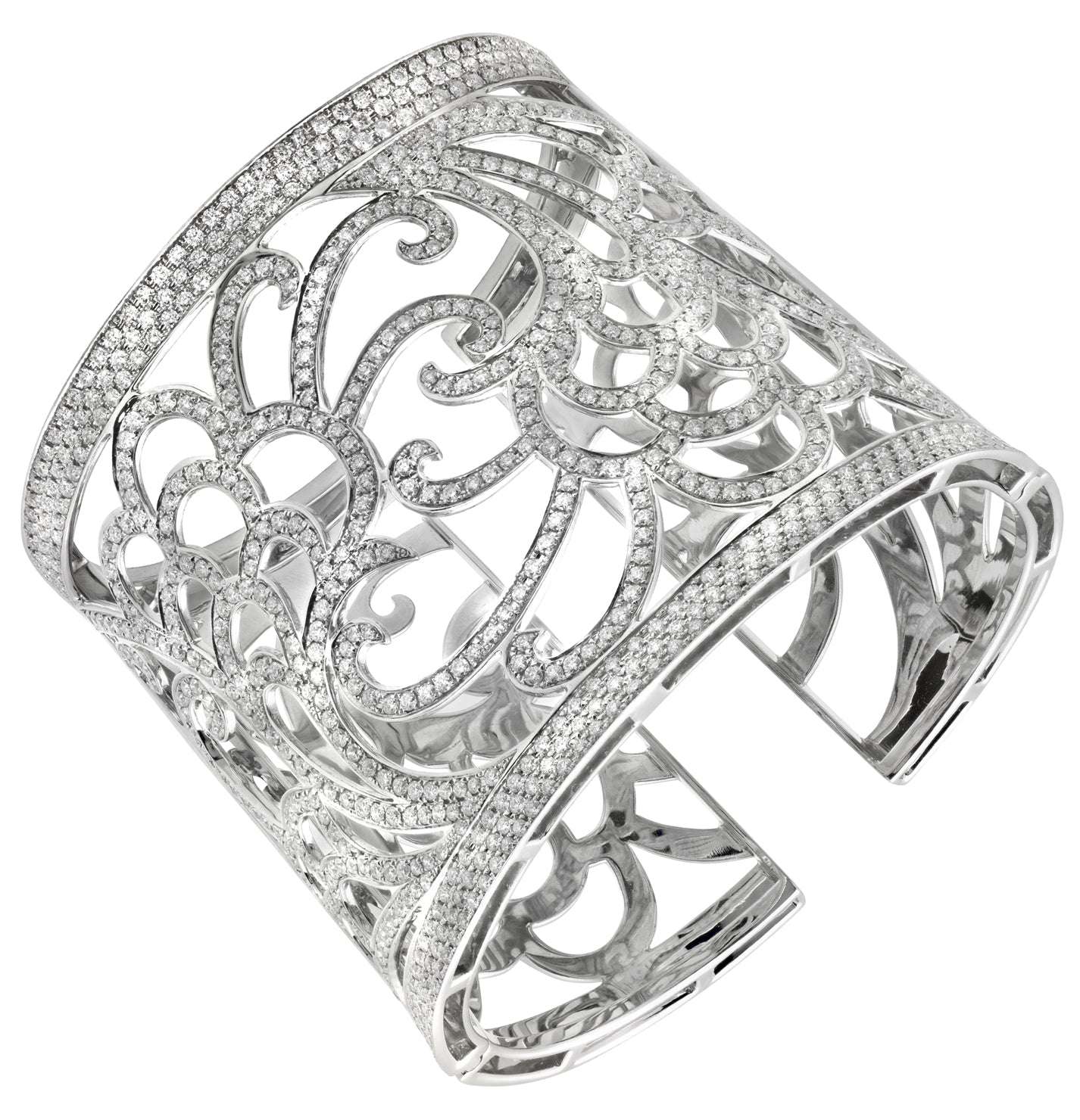 Exquisite Italian 18K White Gold Wide Open Work Cuff Bangle featuring 6 Carat Round Brilliant Cut Diamonds by Vivid Diamonds. This luxurious jewelry piece showcases intricate open-work design, highlighting the brilliant sparkle of diamonds with contempora