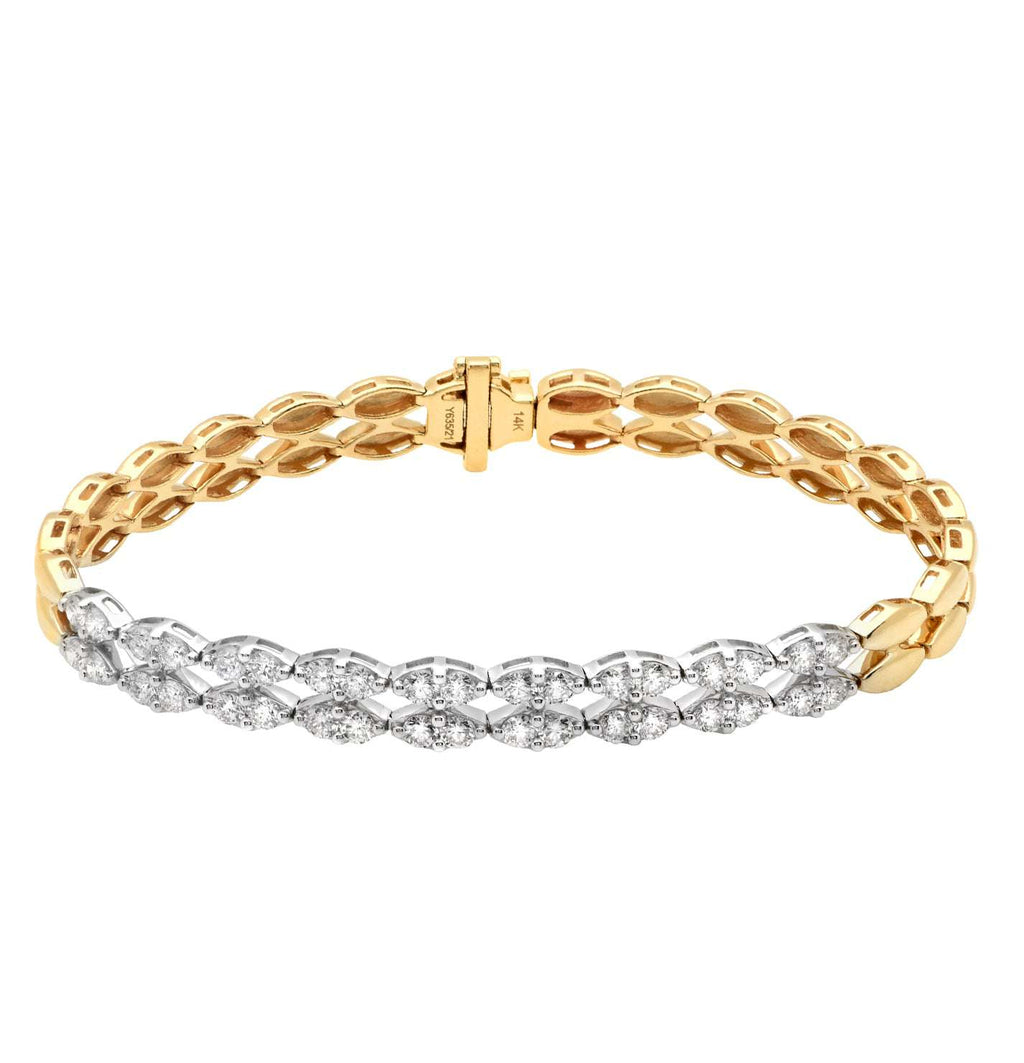 Close-up view of the Elegant Two-Tone 2.40 Carat Diamond Bracelet in White & Yellow Gold, featuring 36 round brilliant-cut diamonds, designed by Vivid Diamonds.