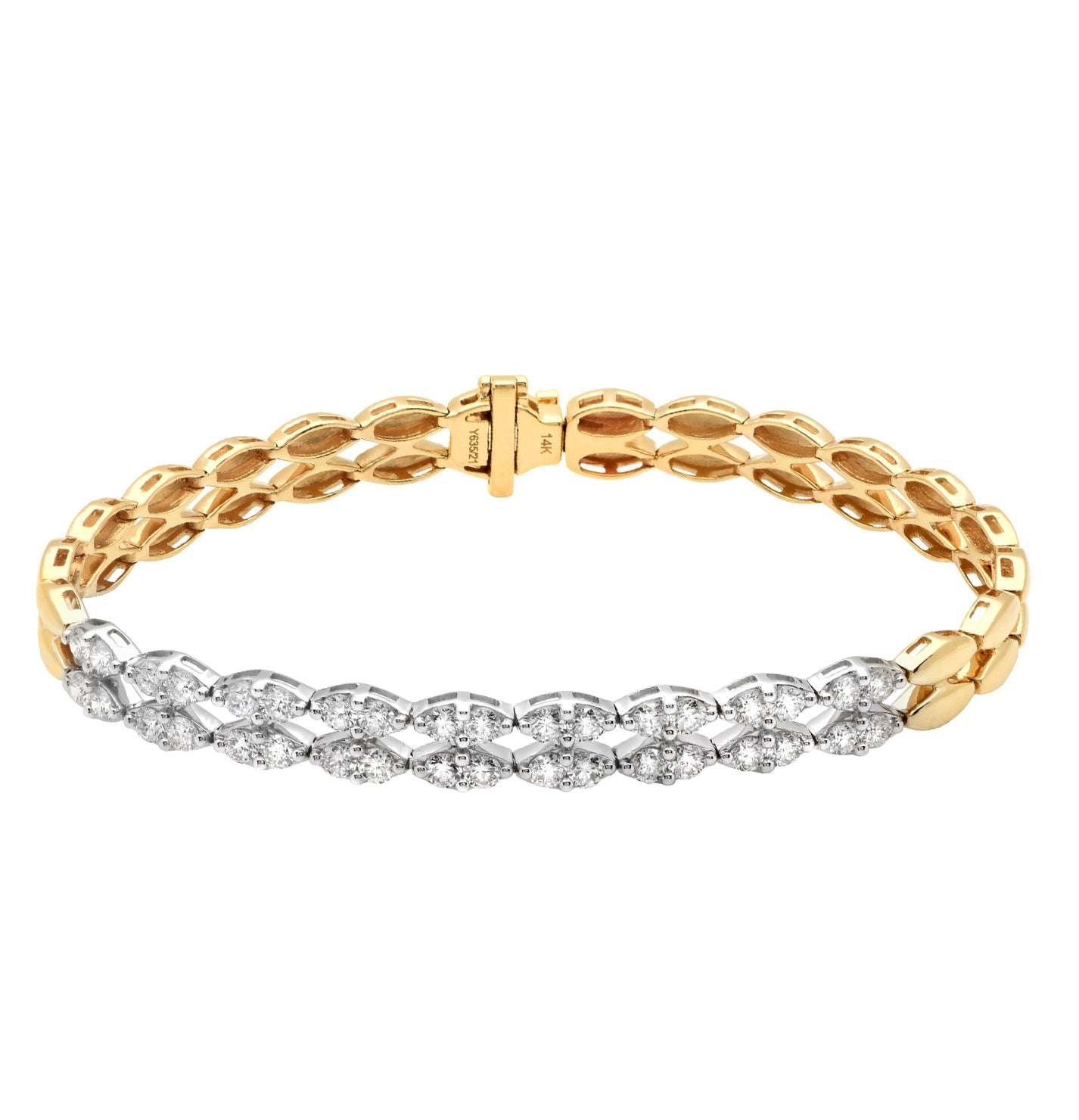 Close-up view of the Elegant Two-Tone 2.40 Carat Diamond Bracelet in White & Yellow Gold, featuring 36 round brilliant-cut diamonds, designed by Vivid Diamonds.