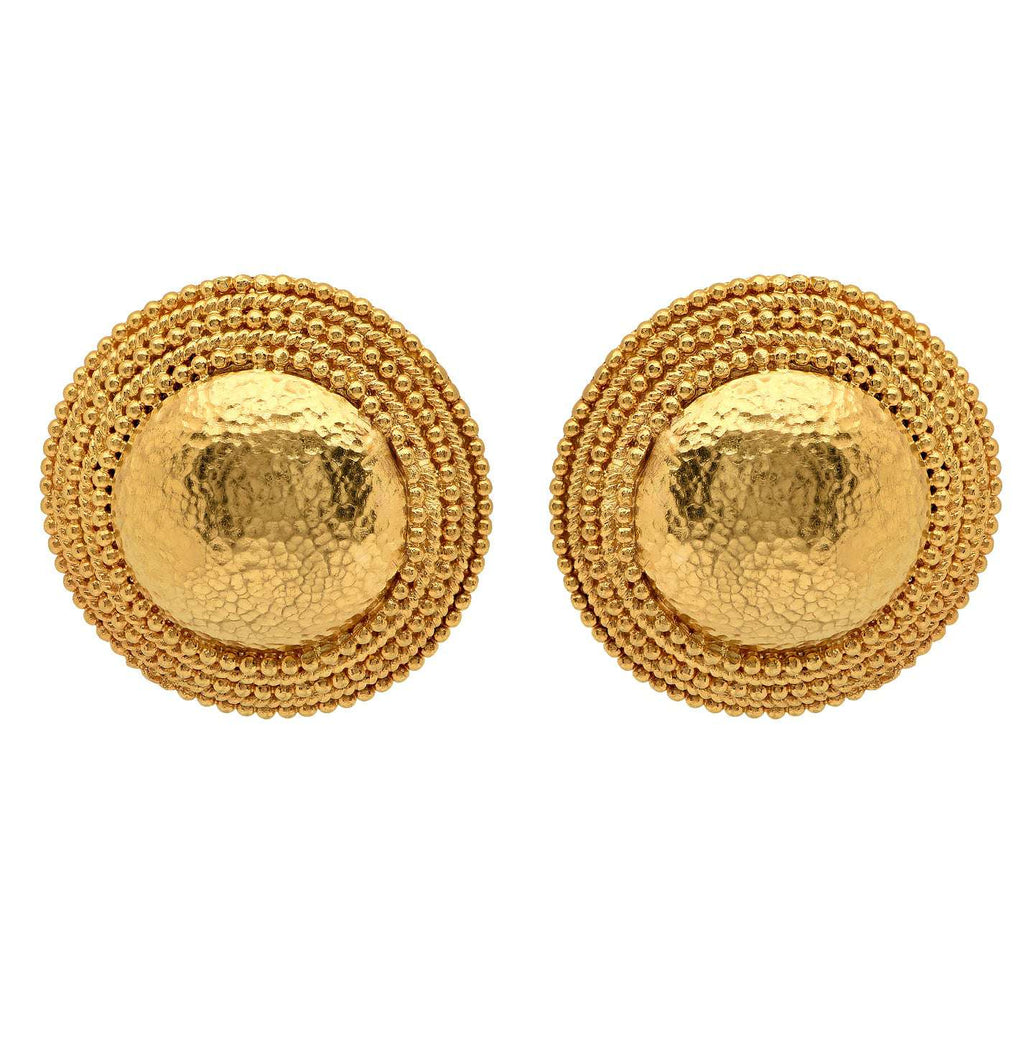 Lalounis 18 Karat Yellow Gold Circle Dome Stud Earrings - V50619 by Vivid Diamonds, featuring a beautifully textured hammered finish and a distinctive round shape, making them a timeless addition to any jewelry collection.