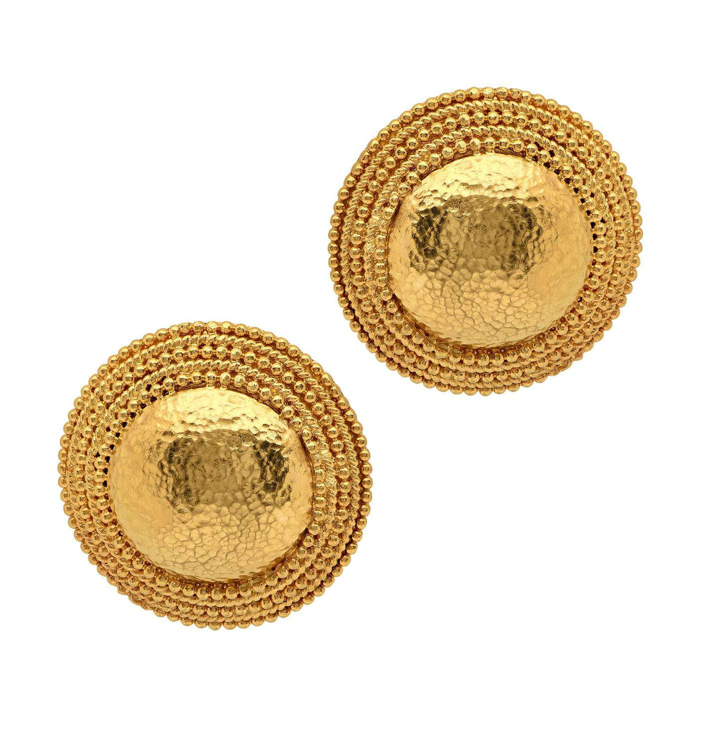 Lalounis 18 Karat Yellow Gold Circle Dome Stud Earrings - V50619 by Vivid Diamonds, showcasing a luxurious hammered gold texture and an elegant domed design, perfect for statement jewelry lovers.