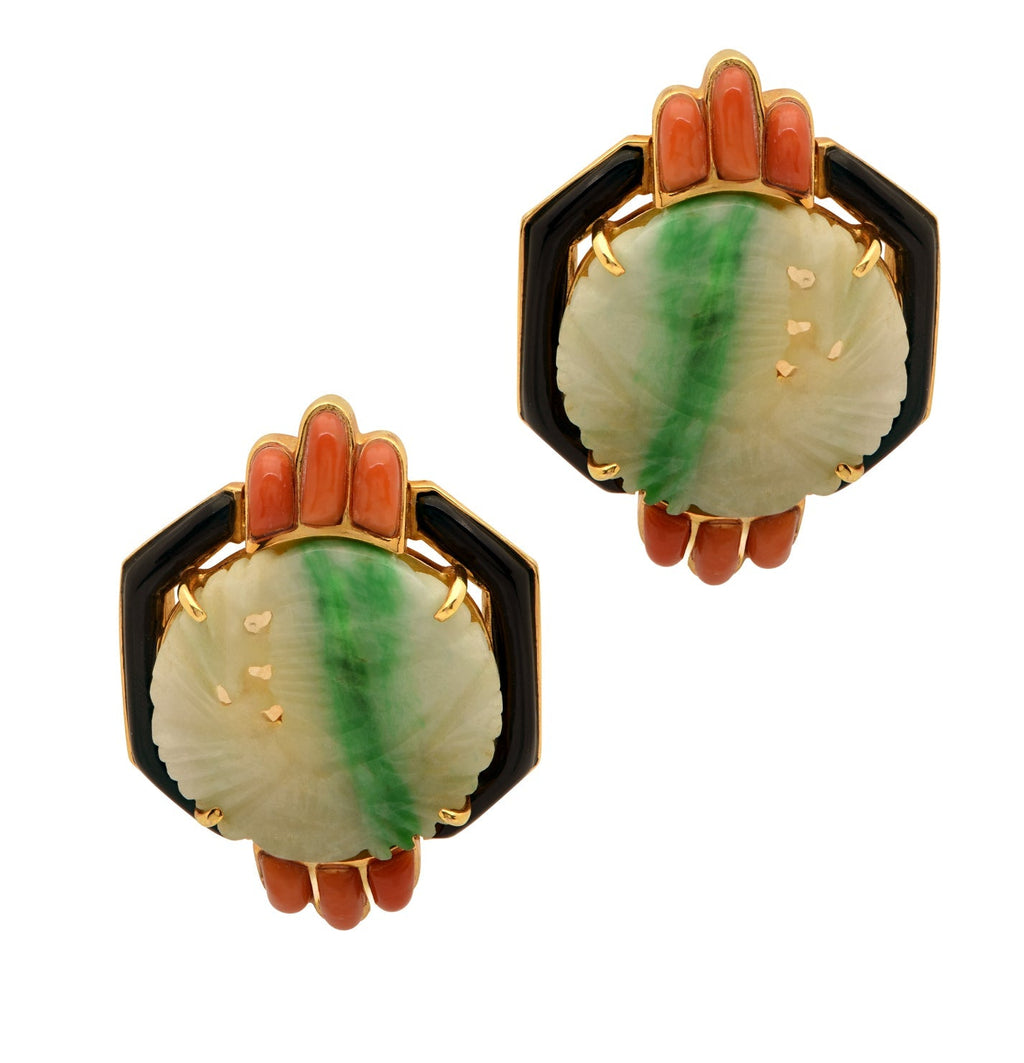 Stunning 18K Yellow Gold Coral, Jade & Onyx Earrings featuring vibrant coral accents and carved green jade medallions, elegantly framed in luminous yellow gold, available exclusively at Vivid Diamonds.
