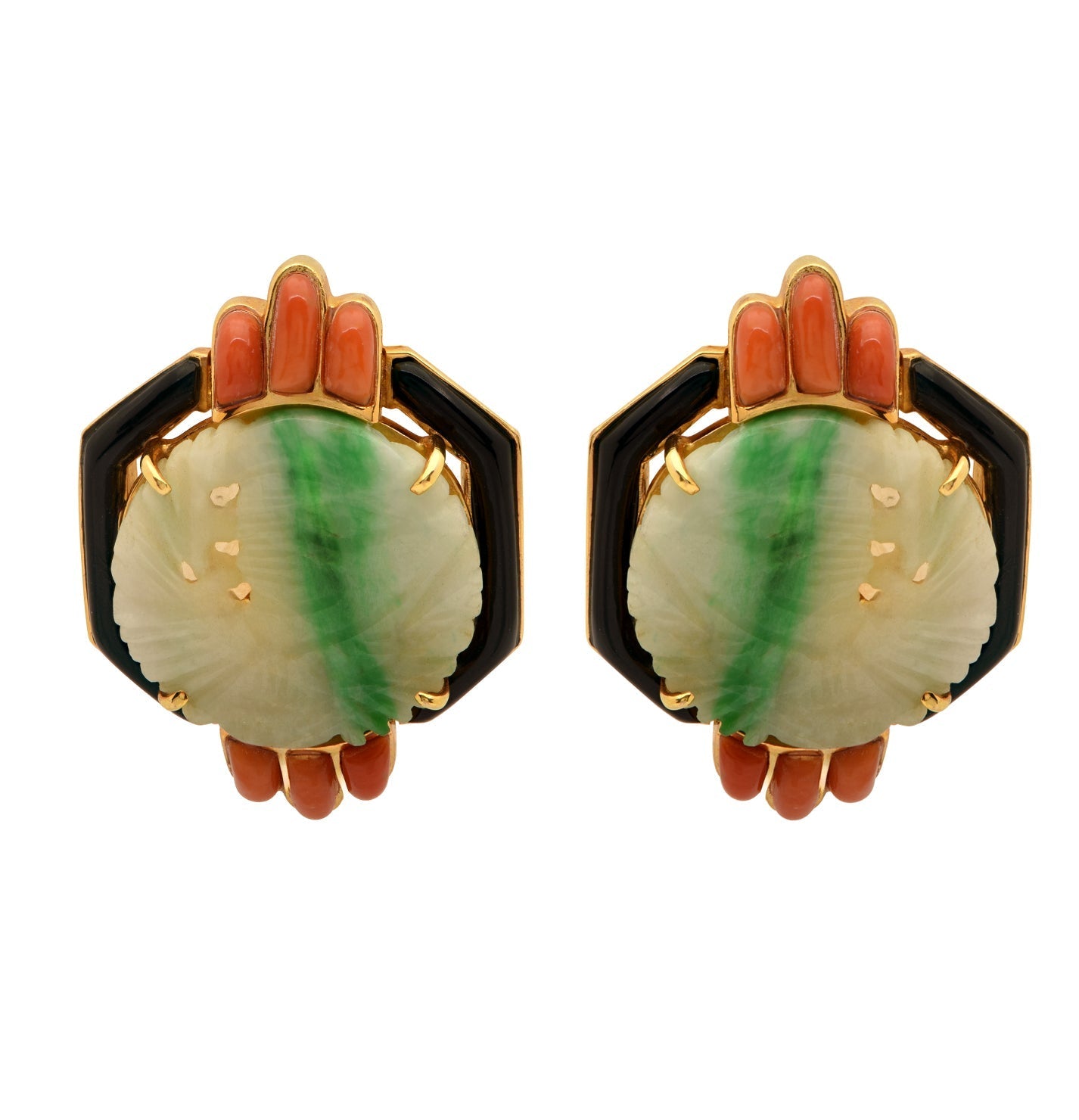 Close-up view of exquisite 18K yellow gold coral, jade & onyx earrings from Vivid Diamonds, featuring a bold and sophisticated vintage-inspired aesthetic.