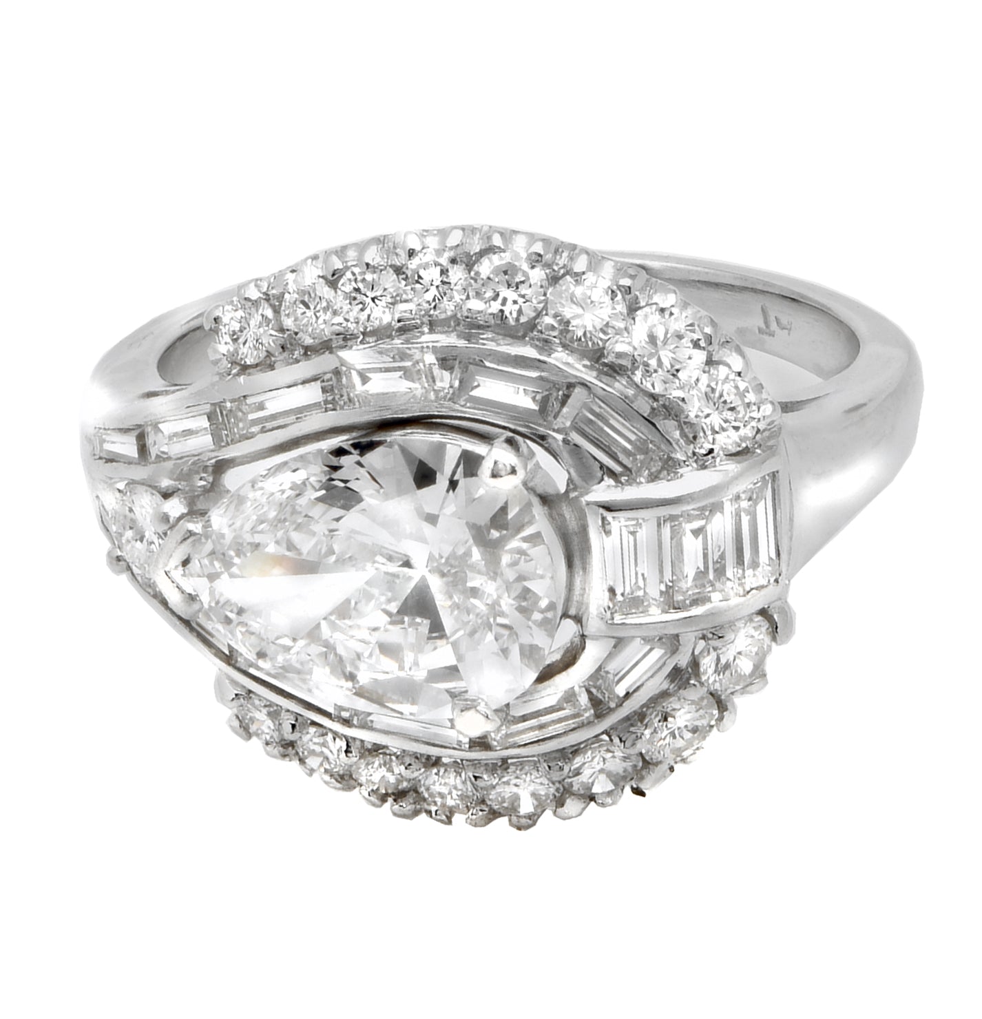 Elegant 1.27ct Platinum Pear Cut Diamond Engagement Ring with VS1 Clarity and E Color, featuring a prominent pear-shaped center stone encircled by brilliant round and baguette diamonds for a timeless look.