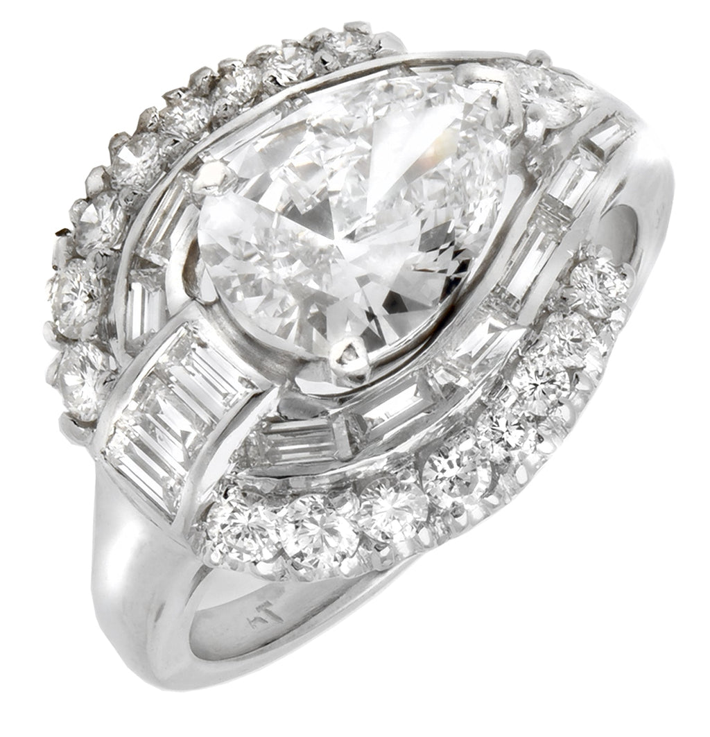 1.27ct Platinum Pear Cut Diamond Engagement Ring with VS1 Clarity and E Color, showcasing a stunning pear-shaped diamond surrounded by dazzling smaller diamonds in a luxurious design.