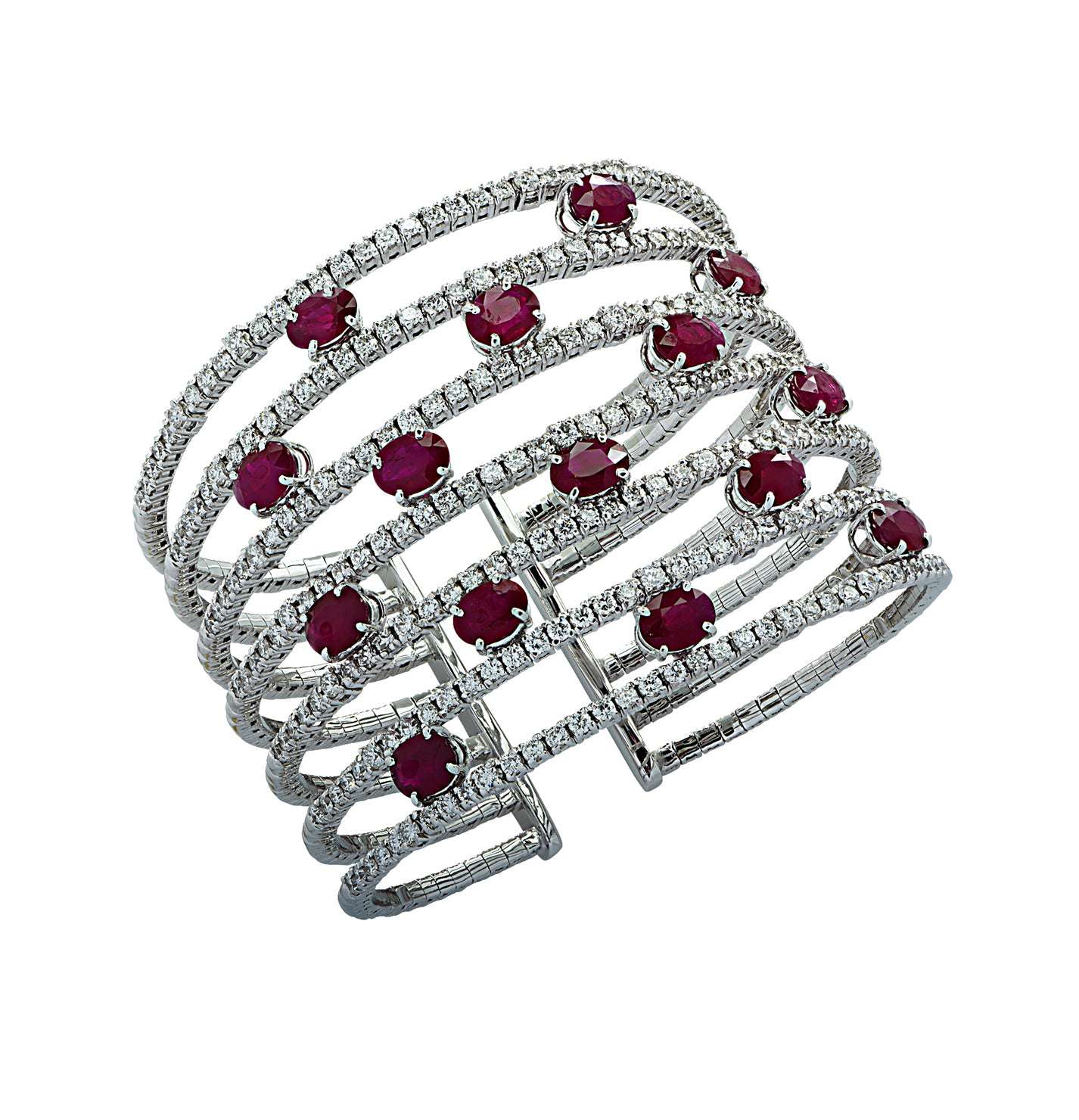 Diamond & Ruby Cuff Bangle Bracelet | 18K White Gold - V38414