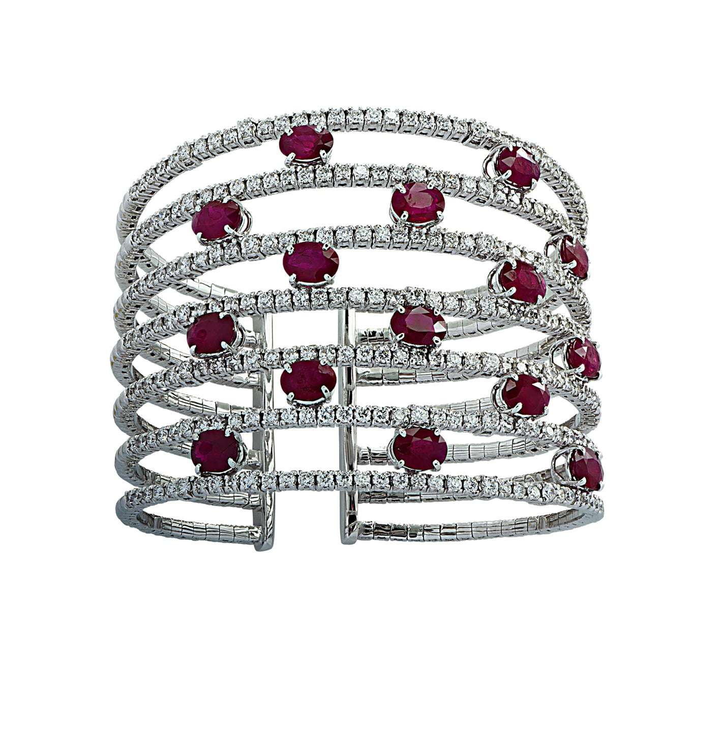 Diamond & Ruby Cuff Bangle Bracelet | 18K White Gold - V38414