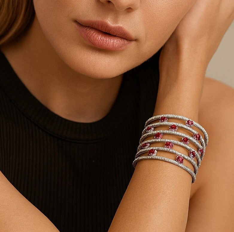 Diamond & Ruby Cuff Bangle Bracelet | 18K White Gold - V38414
