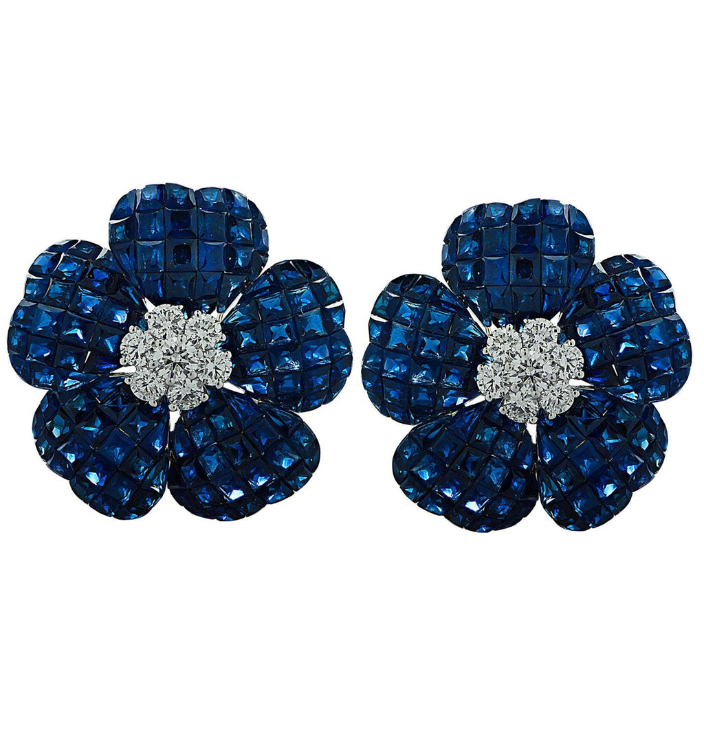 Sapphire And Diamond Flower Earrings -V31974-1