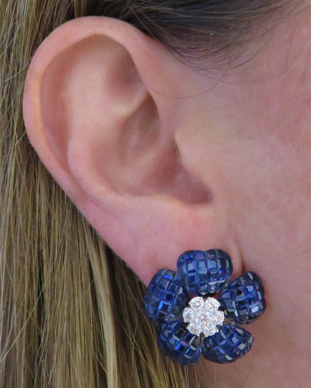 Sapphire And Diamond Flower Earrings -V31974-1