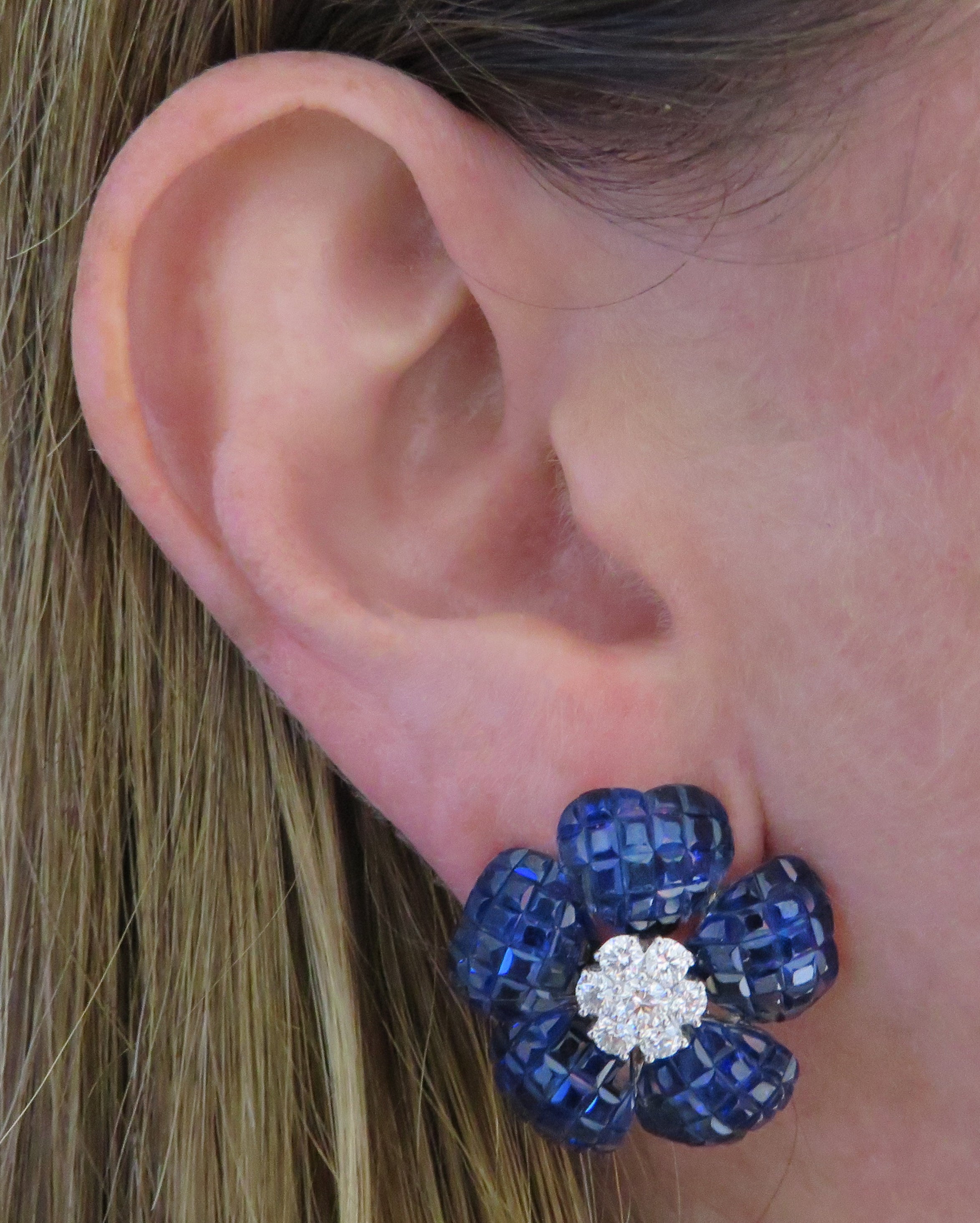 Sapphire And Diamond Flower Earrings -V31974-1