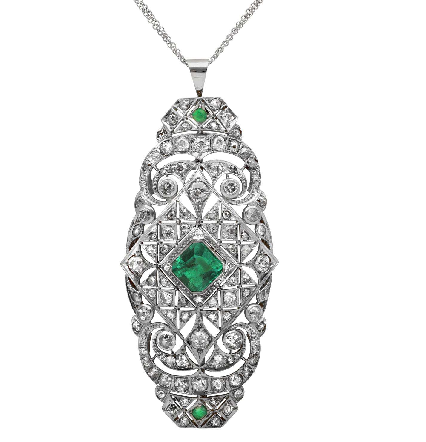 Emerald & Diamond Filigree Necklace in 18k White & Yellow Gold by VIVID – V49636-1