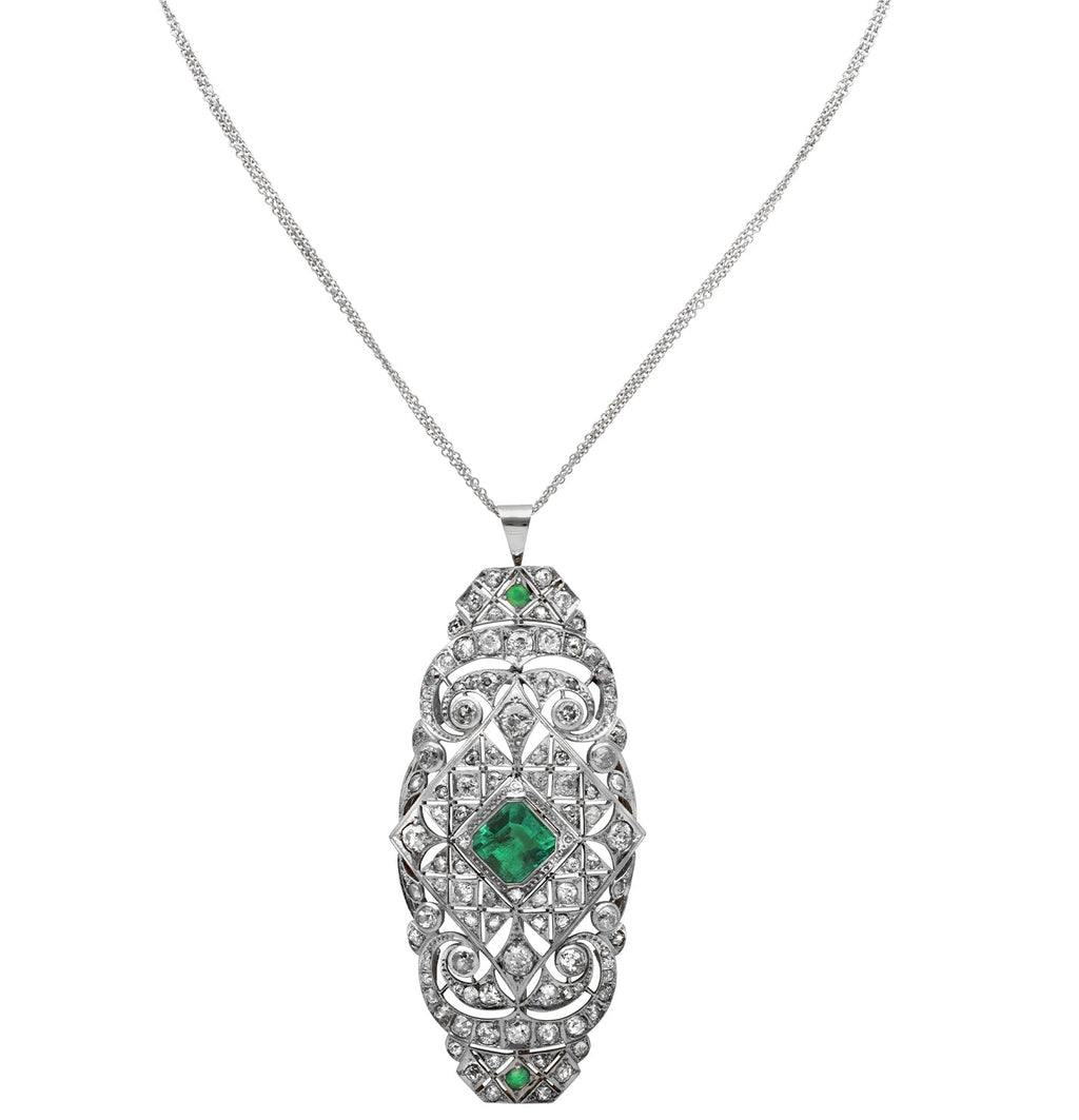 Emerald & Diamond Filigree Necklace in 18k White & Yellow Gold by VIVID – V49636-1