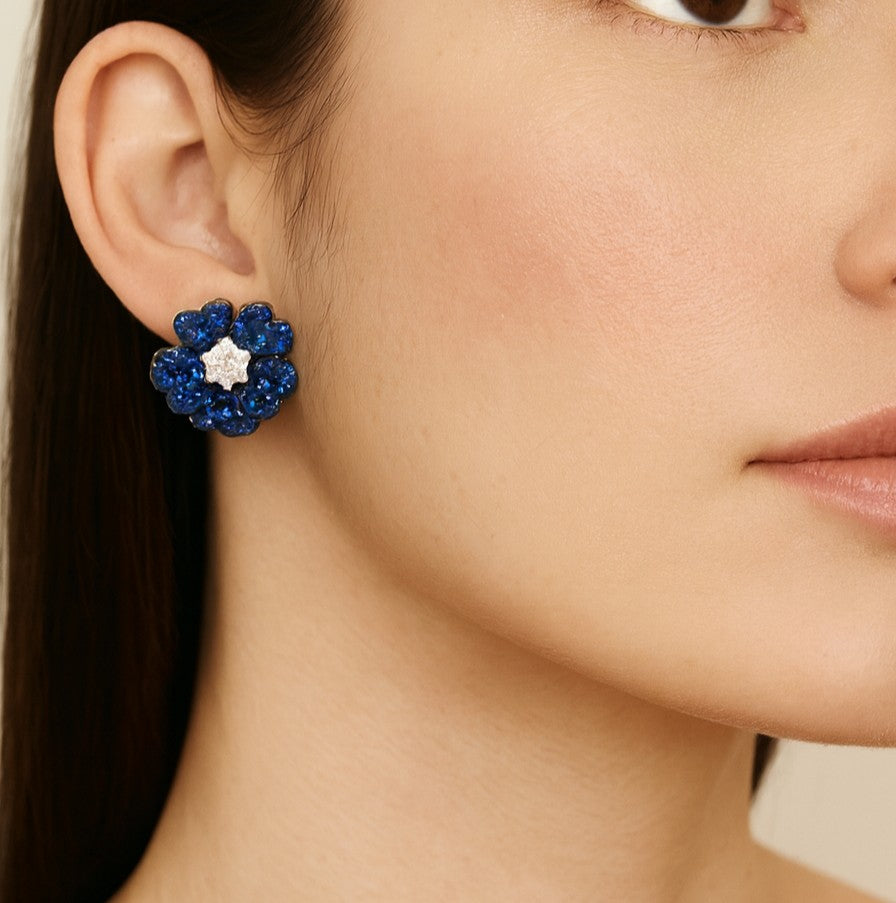 18k White Gold Sapphire & Diamond Floral Stud Earrings - 20ct Sapphires, 1ct Diamonds