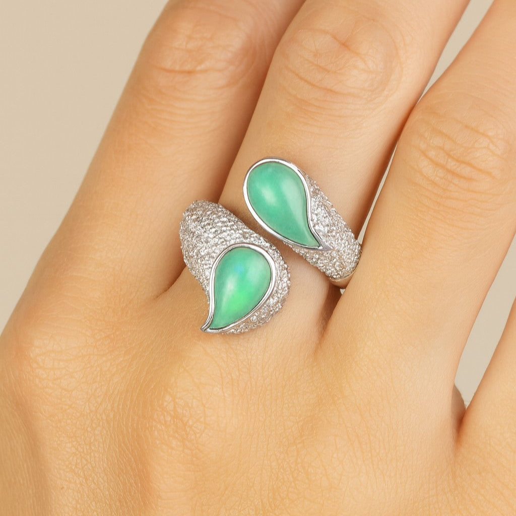 14k White Gold Diamond and Turquoise Bypass Ring – V50613