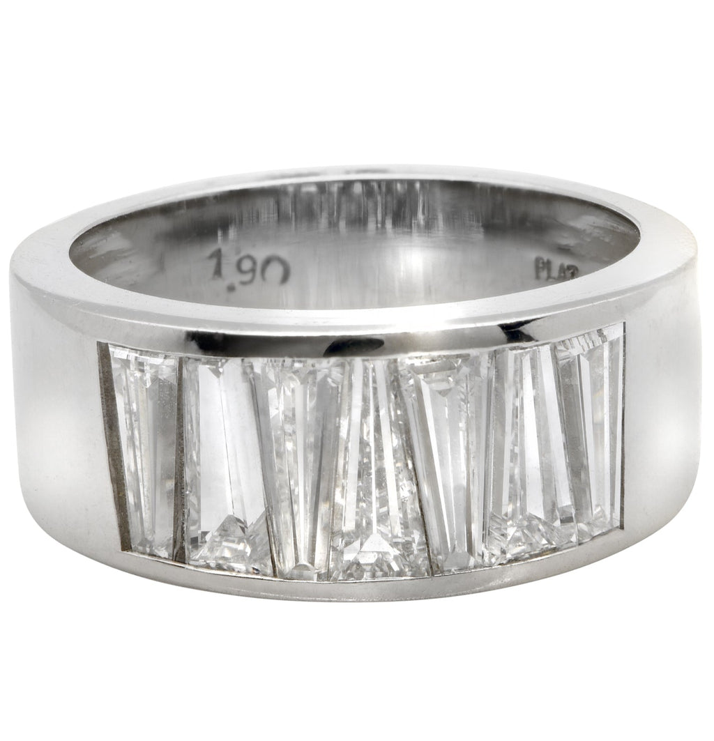 Luxurious 1.90 Carat Baguette Cut Diamond Platinum Wedding Band by Vivid Diamonds, showcasing seven exquisite tapered baguette-cut diamonds with a sleek and sophisticated design.