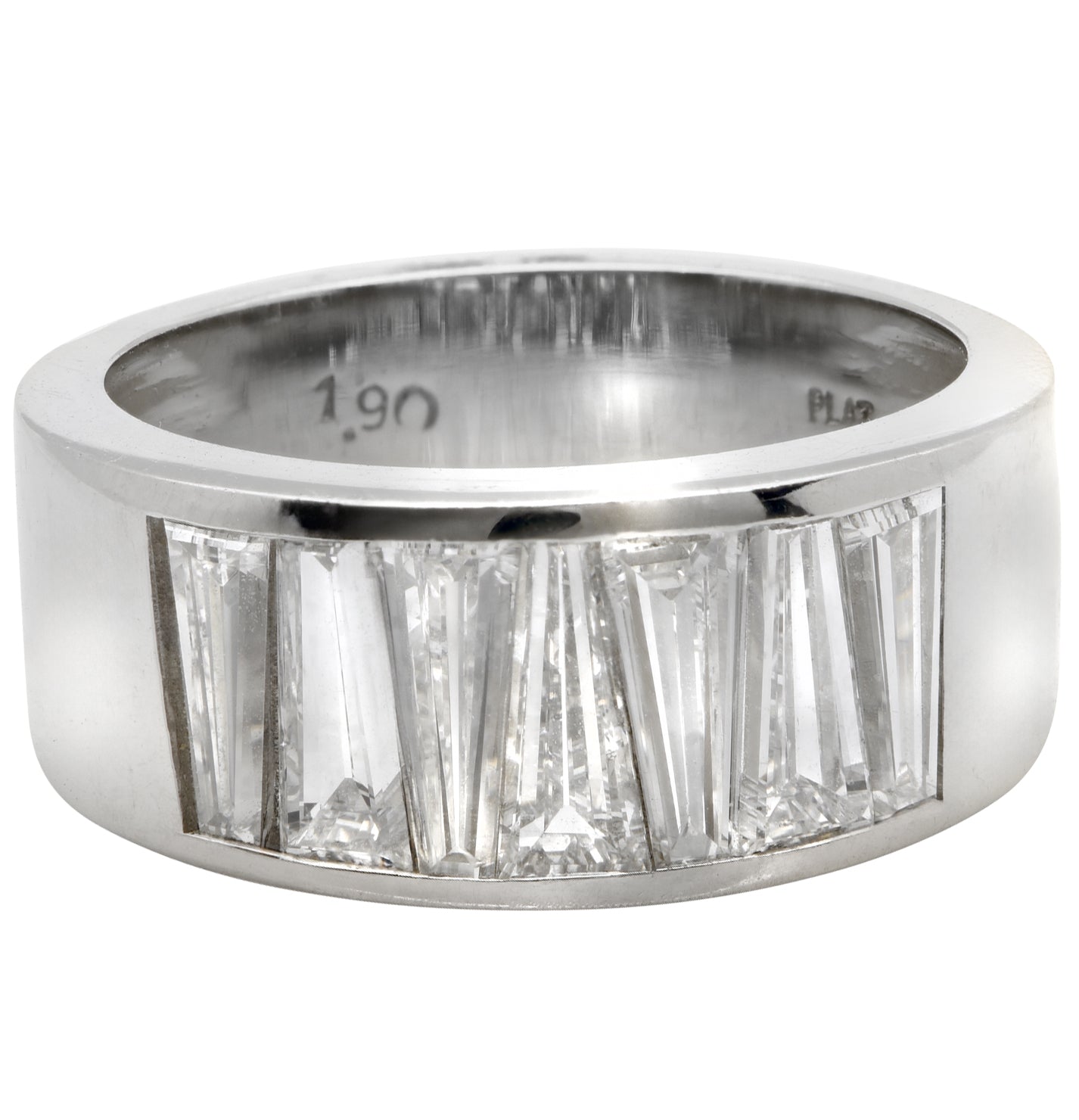 Luxurious 1.90 Carat Baguette Cut Diamond Platinum Wedding Band by Vivid Diamonds, showcasing seven exquisite tapered baguette-cut diamonds with a sleek and sophisticated design.
