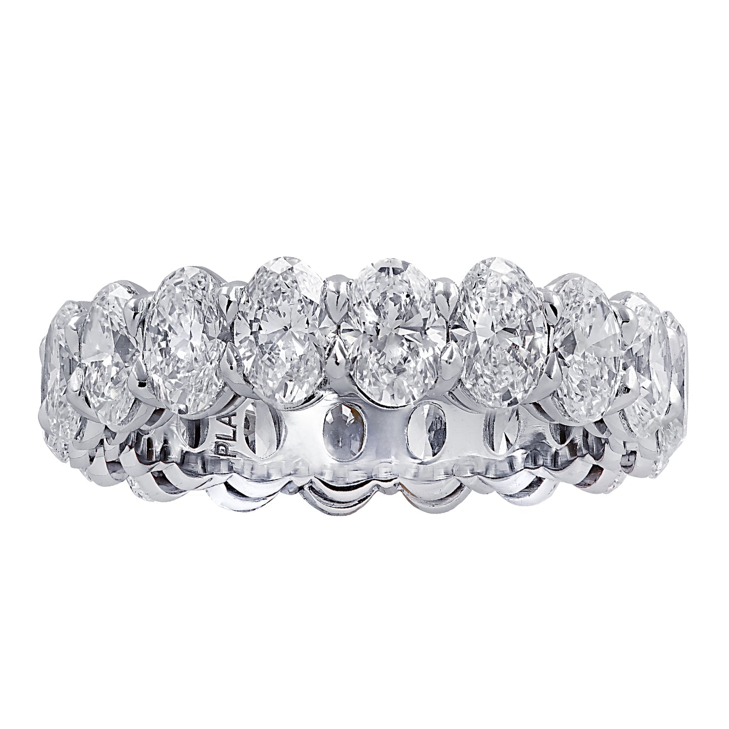 Elegant 4.43 Ct Oval Cut Diamond Eternity Band in Platinum by Vivid Diamonds, showcasing an exquisite array of oval cut diamonds set in a seamless platinum setting, symbolizing everlasting love.